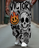Big Men's Street Fashion VICTORY Hip Hop Skull Fire Printed Pocket Drawstring Casual Pants